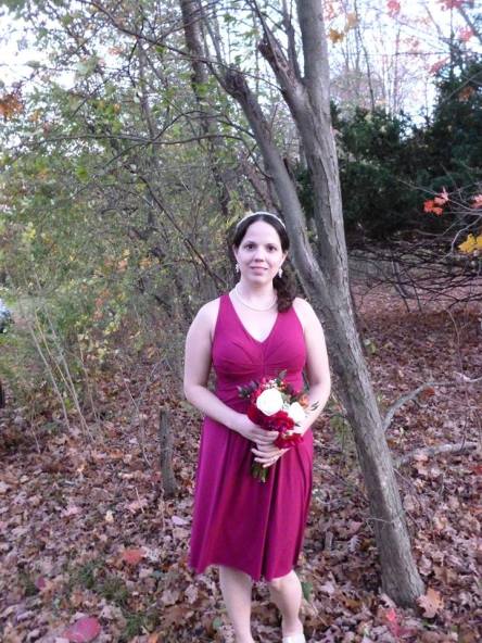 This is me as a bridesmaid in my college roommate's wedding this past Fall.  We got the dresses from Ann Taylor.  I got the headband at WalMart, the shoes at Rack Room, & the earrings were a gift from the bride.  She also loaned me the necklace.